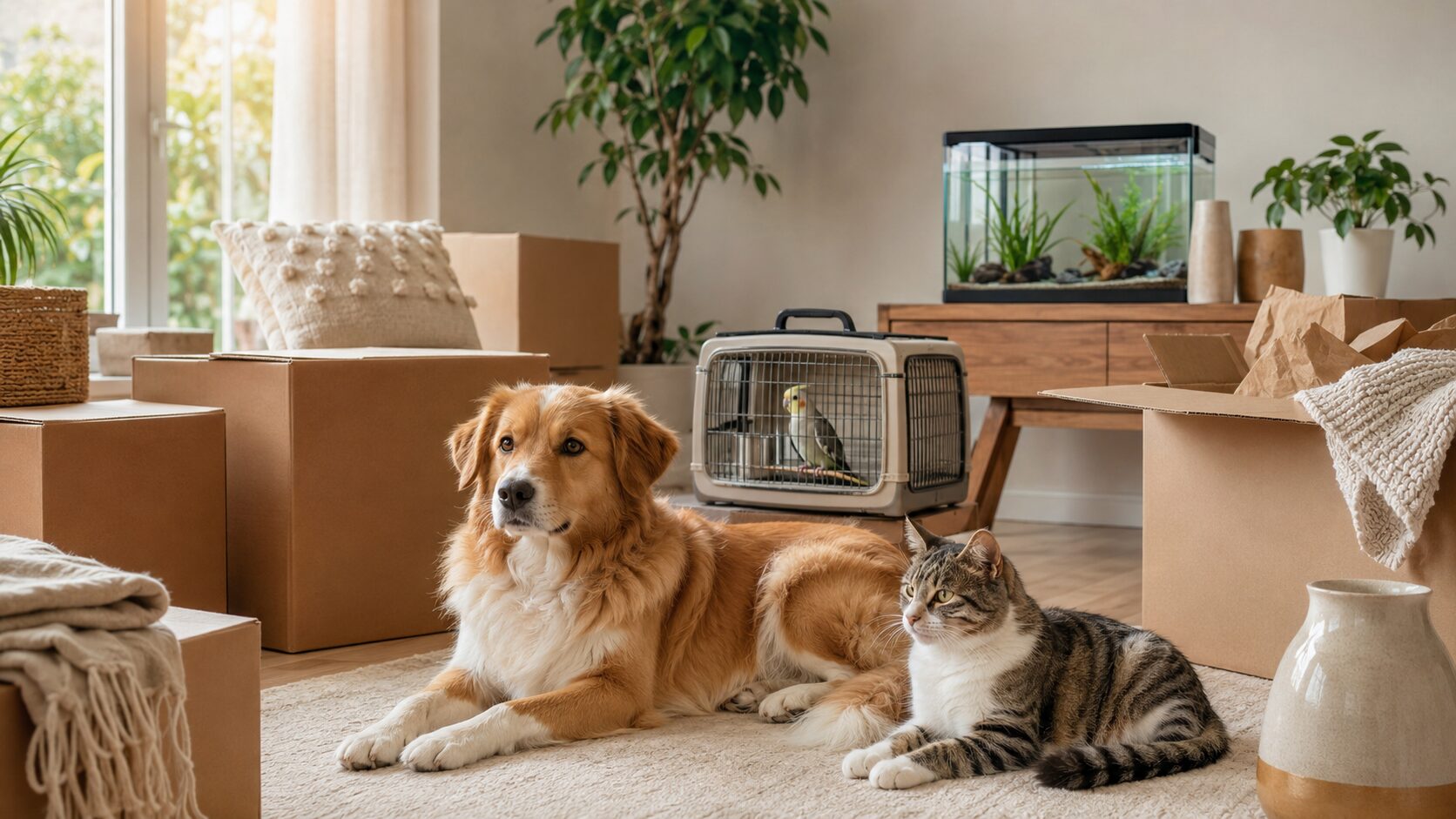 Cachorro, gato, pássaro e aquário durante uma mudança de residência