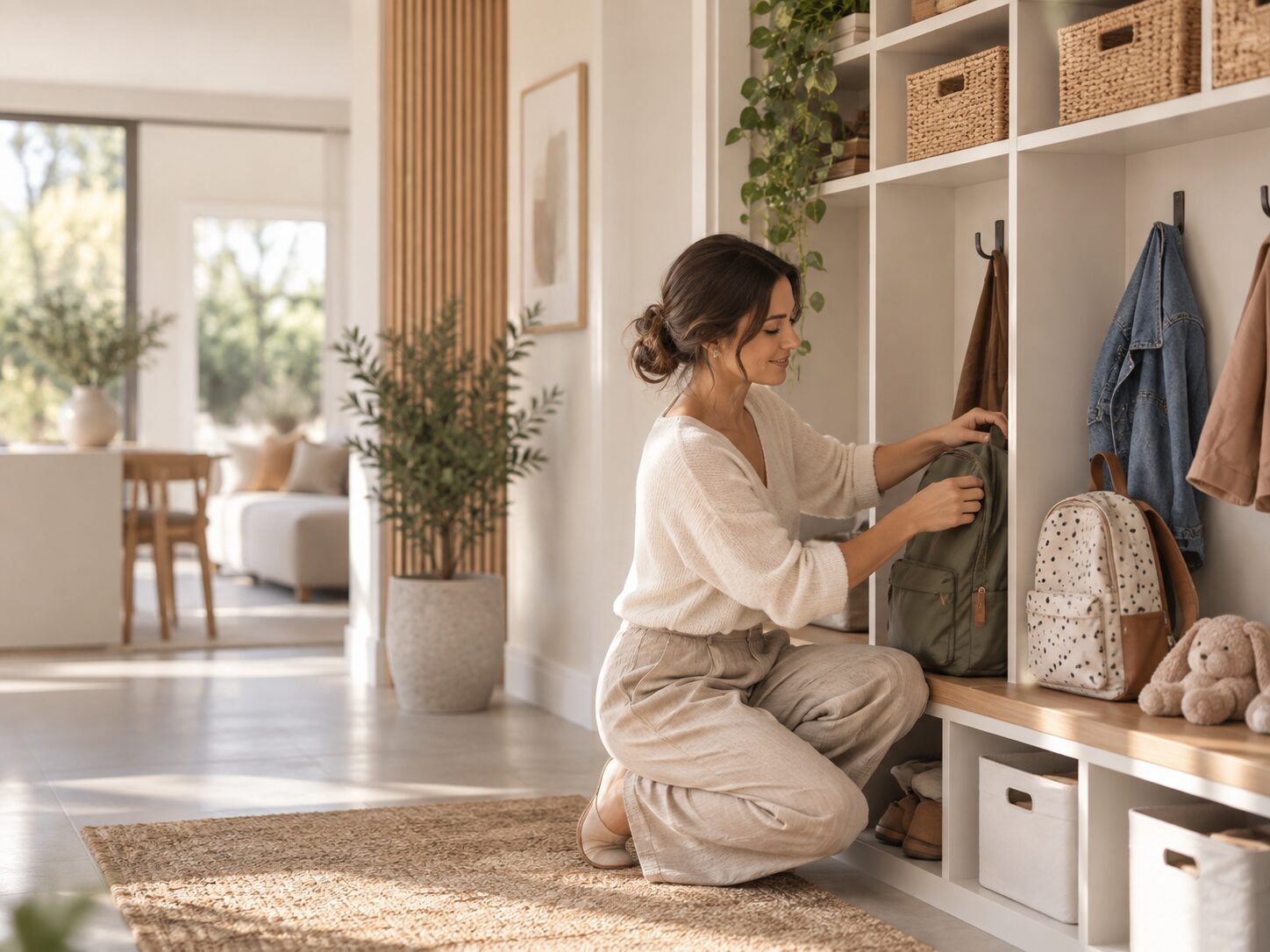 Mulher guardando mala em residência com decoração elegante e organizada